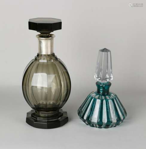 Art Deco crystal glass carafe with silver neck. Assay