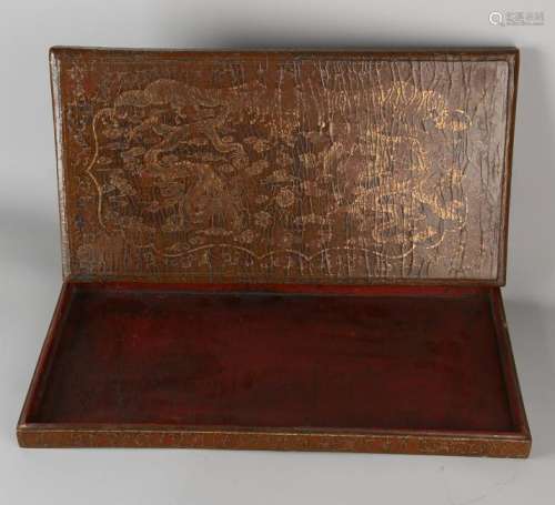 Large antique Chinese lacquer lid box with golden