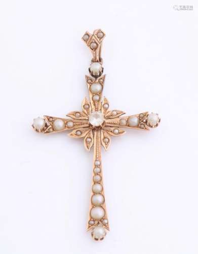 Antique golden cross, 585/000, decorated with seed