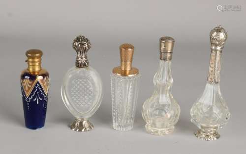Five odeur bottles with silver, 835/000, and gold