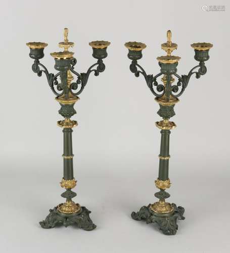 Two 19th century large bronze Empire three-light candle
