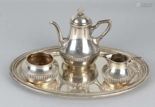 Silver tableware on tray, 935/000, with a tea jug, milk
