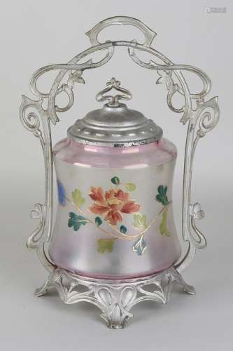 Antique Jugendstil cookie jar with painted glass and
