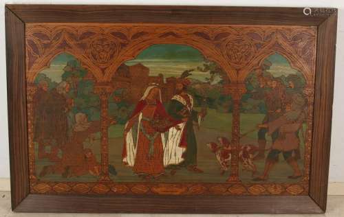 Large antique stained wooden panel with castle scene