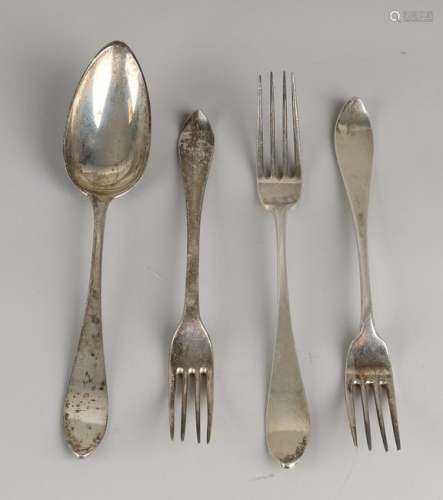 Antique silver spoon and three forks, all with a