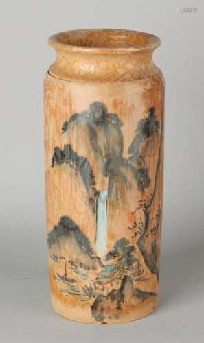 Large antique Chinese hand-painted bamboo brush holder