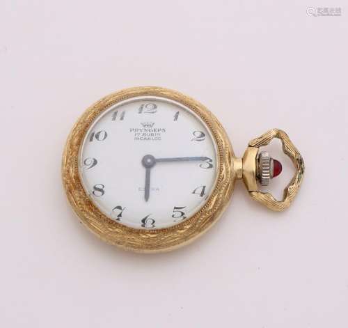 Ornate yellow gold hanging watch, 750/000, with a
