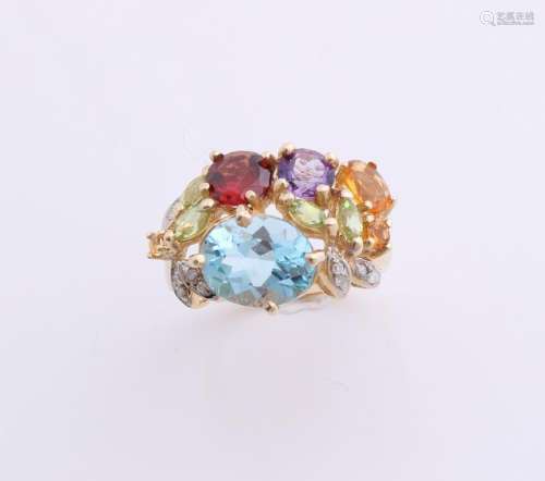 Yellow gold ring, 585/000, with colored stones, Ring