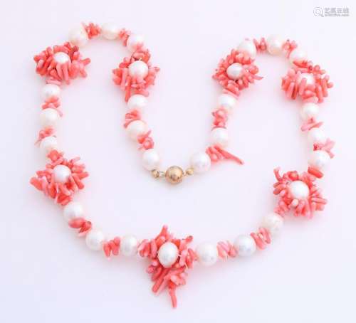 Necklace of freshwater pearls with branches of coral