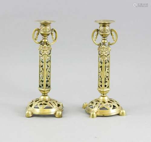Two antique brass historicism candle holders. Around