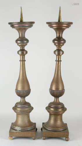 Two large 19th century brass candle holders in Baroque