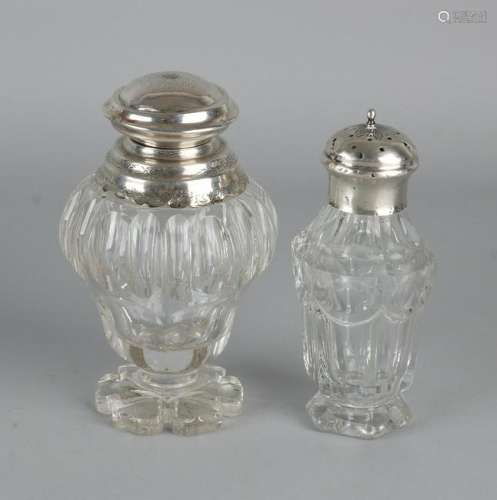 Crystal tea canister and sugar shaker with silver,