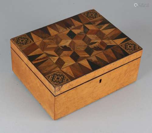 Antique English root wood lid box with mosaic on lid.