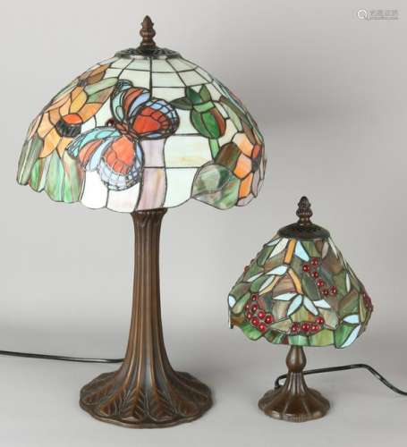 Two Tiffany style lamps with metal base. Second half of