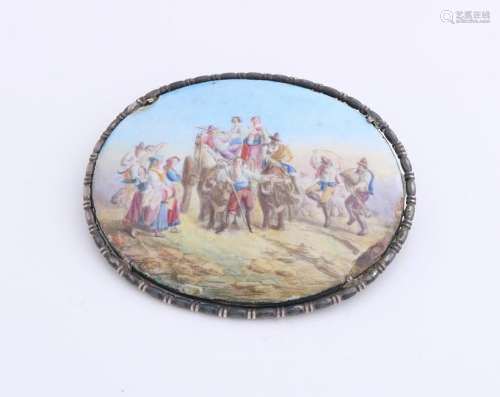 Oval silver brooch, 800/000, with a porcelain shield