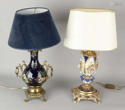 Two old / antique porcelain table lamps with brass.