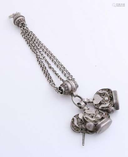Antique silver watch chain, 833/000, with signets.