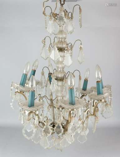 Large crystal chandelier with brass. 20th century.