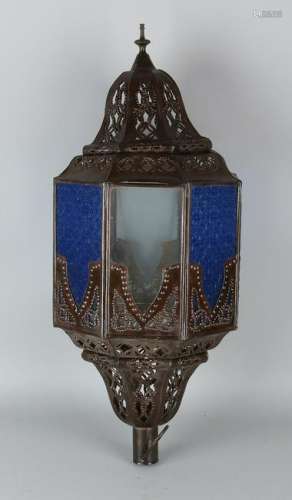 Oriental metal hanging lamp with colored glass.