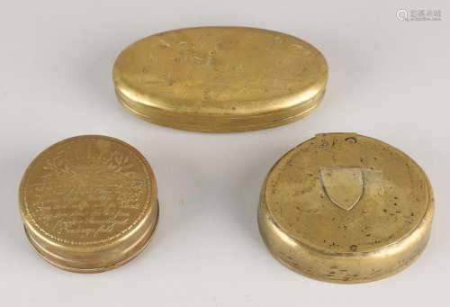 Three old / antique carved brass lid boxes. 18th - 19th