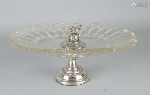 Crystal fruit bowl on silver base with silver handle,