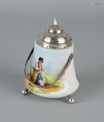 Porcelain sulfur sticks holder with silver handle, cap