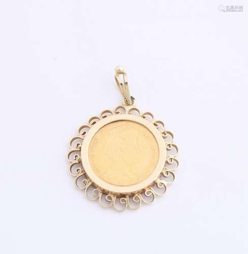 Yellow gold pendant, 585/000, with coin rim set with a