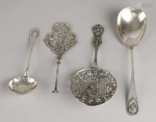 Four parts silver, a scoop spoon and a vegetable spoon,