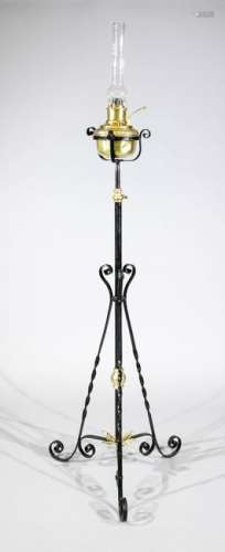 Large antique standing wrought iron petroleum lamp with