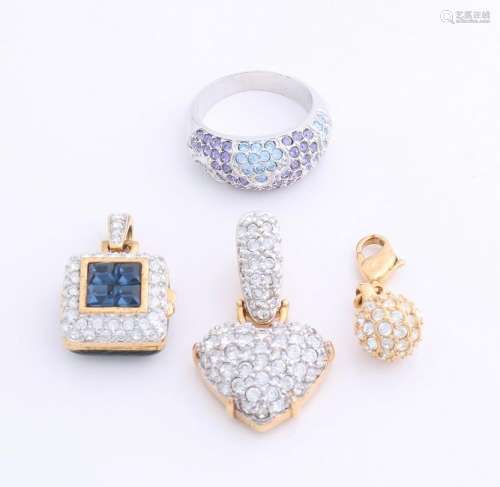 Three pendants and a Swarovski ring, ring with light