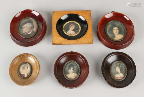 Six times miniature paintings. In wooden frames. 20th
