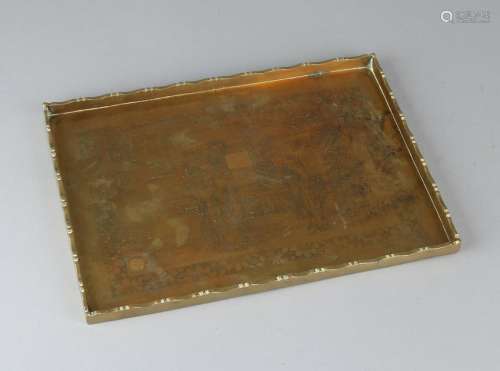 Antique Chinese brass tablet with figures in garden