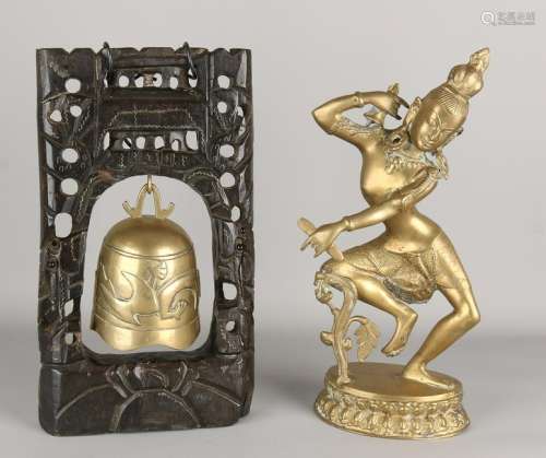 Asian brass dancing figure + handbell. 20th century.