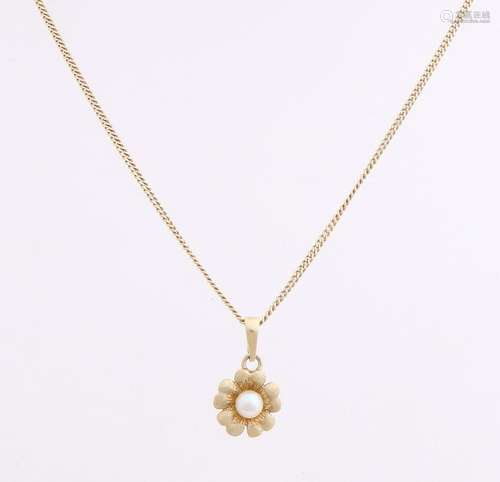 Yellow gold necklace and pendant, 585/000, with pearl.