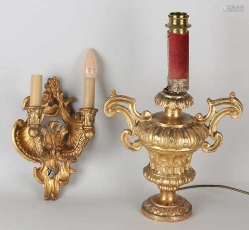 Two gilt Italian wooden lamps. Circa 1900. Table lamp +