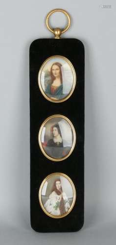 Three miniatures in oval brass frames. Partly painted.