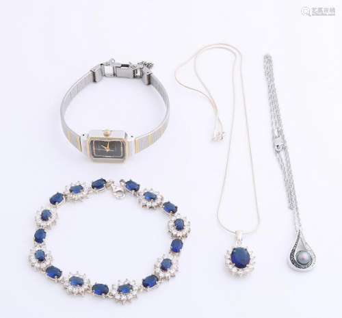 Silver set of jewelry and a bicolour bulova watch,