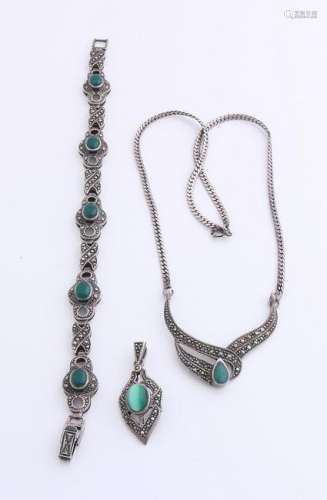 Three silver jewelry with green stone and marquite,