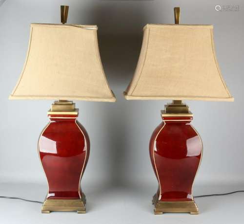 Two large red ceramic table lamps with bronze. Second