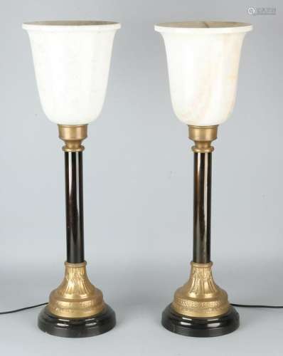 Two designer table lamps with marble shades. Bronze