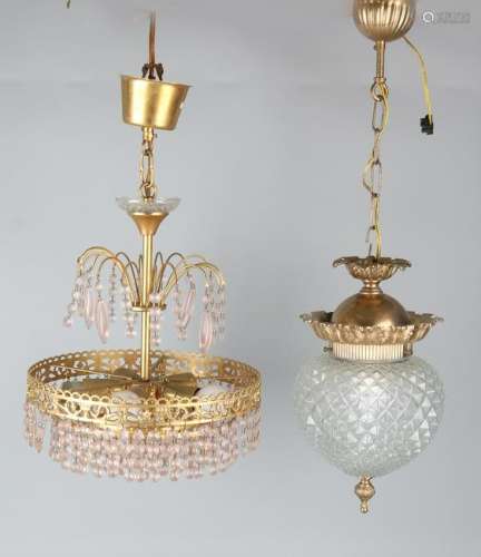 Two old hanging lamps. Brass with glass. 20th century.