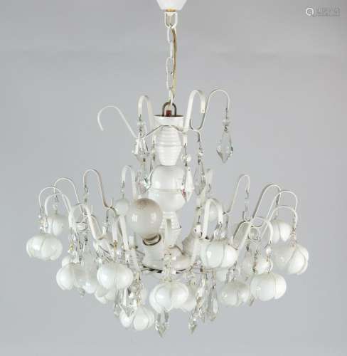 White metal hanging lamp with glass balls and cones.