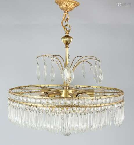 Large old brass ceiling lamp with crystal. Circa 1960.