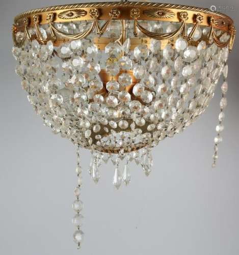 Large brass ceiling lamp with crystal. Mid 20th