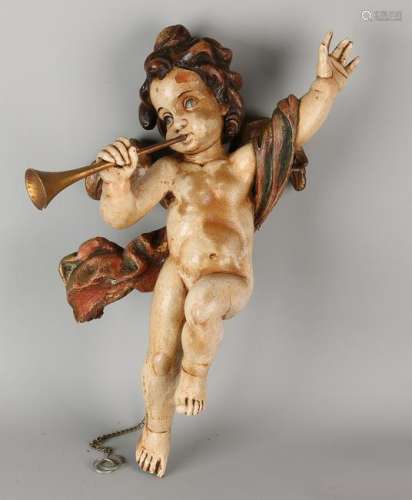 Large decorative wooden polychromed putti with shell