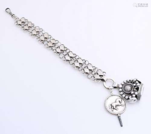 Silver chatelaine, 835/000, with silver key decorated