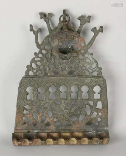 19th century Judaica bronze 9-light Hanukkah oil lamp.