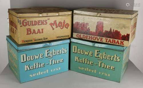Four antique grocery stock cans with advertising. First