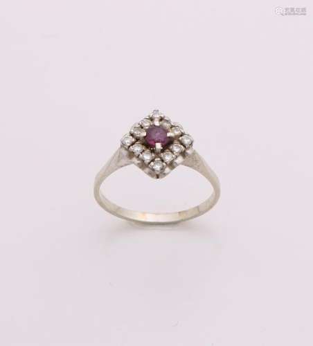 White gold ring, 585/000, with ruby and diamond. Ring