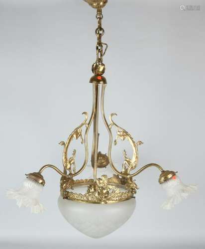 Antique brass hanging lamp with polished satin-finished